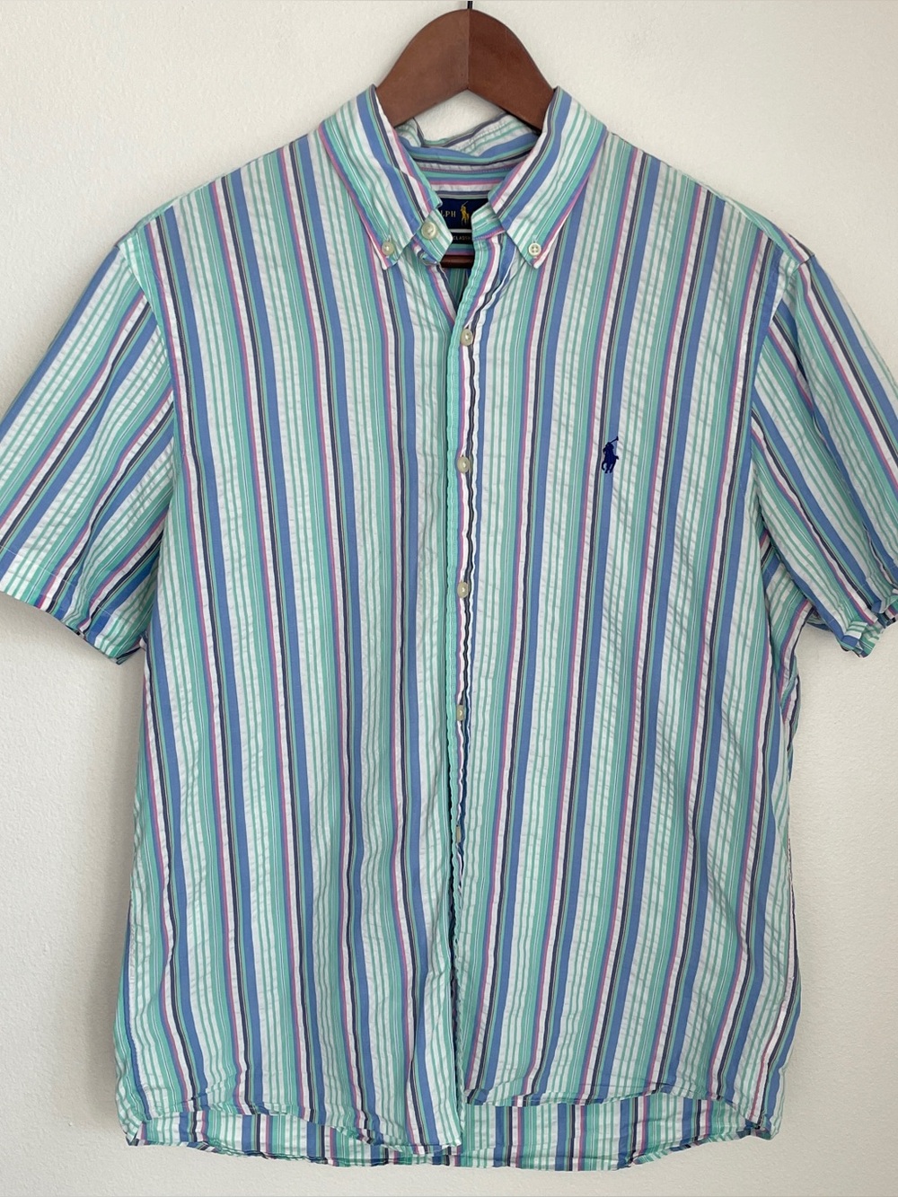 Polo Ralph Lauren RL Prepster Seersucker Stripe Button Down Shirt Short Sleeve M